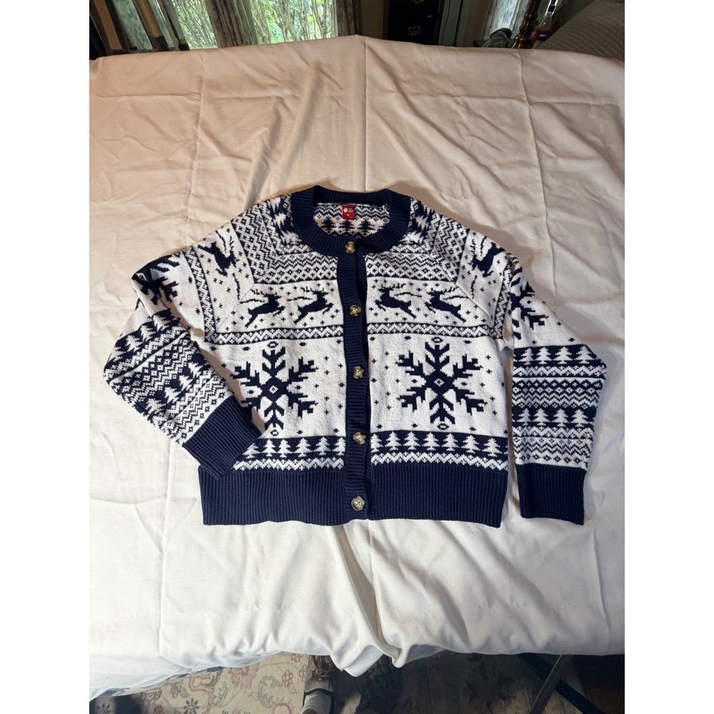 Dec 25th Womens XL Reindeer Snowflake Fair Isle Cardigan Sweater Navy Blue White
